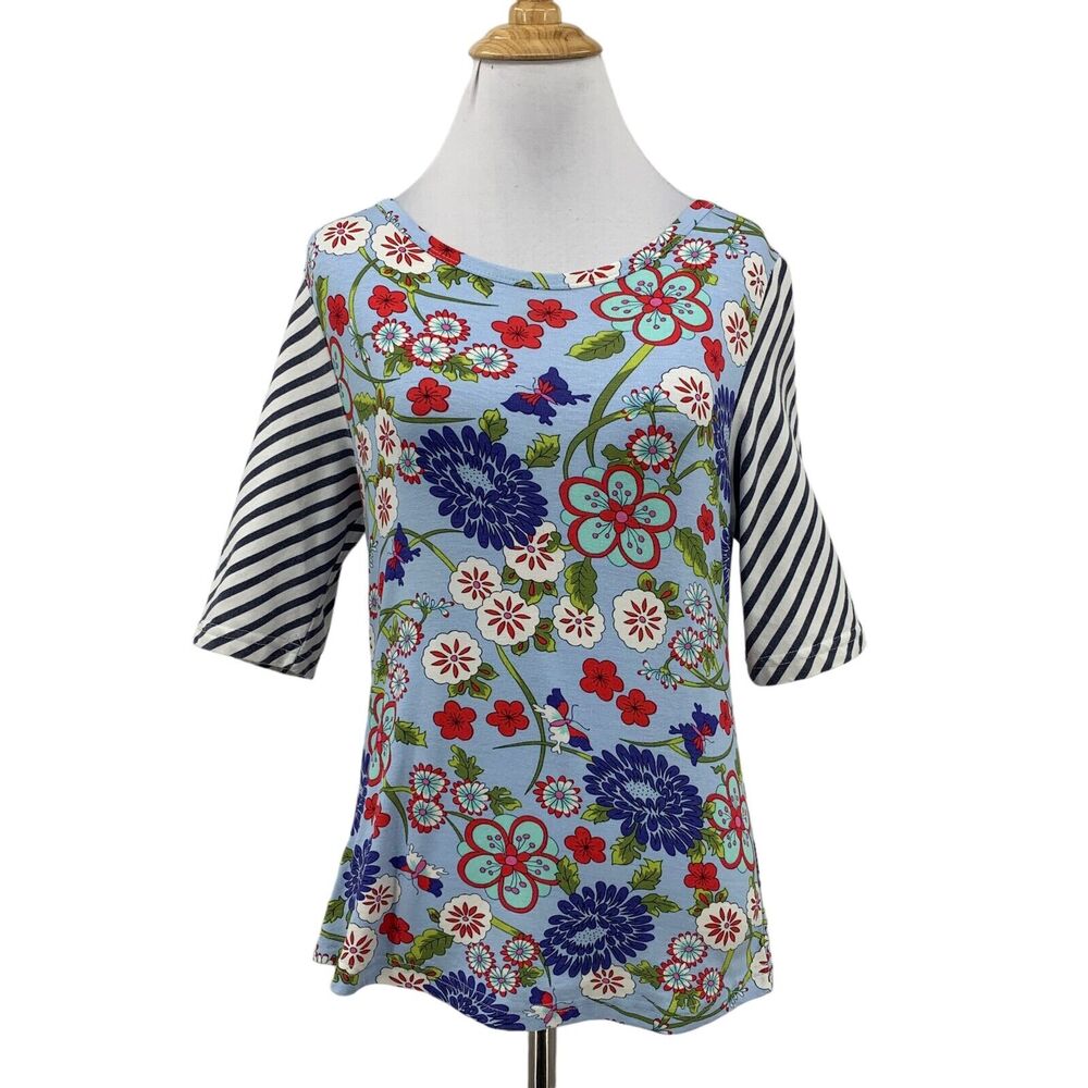 Deca Paris Top Womens 2 S Small Floral Half Sleeve Stripe Made France Shirt